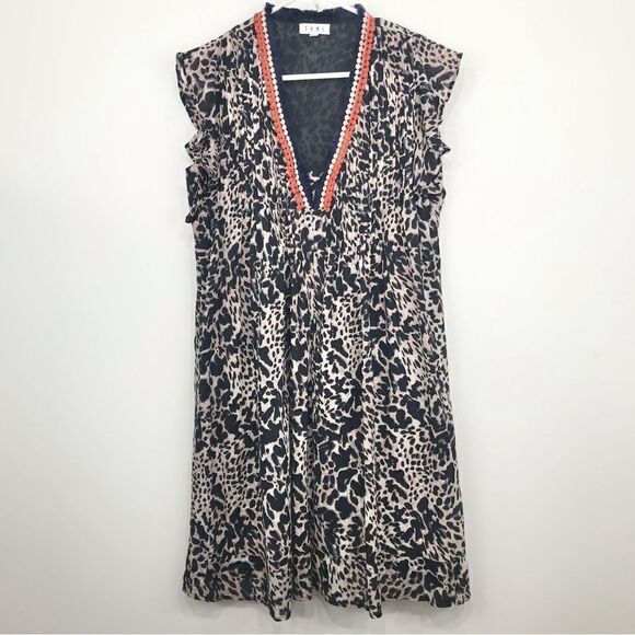 THML Black Tan Animal Print Fringe Neck Popover Cotton Dress - Picture 2 of 16